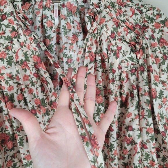 Free People Size M Meant To Be Blouse Vintage Combo Floral Long Sleeve Red Green - Picture 8 of 12
